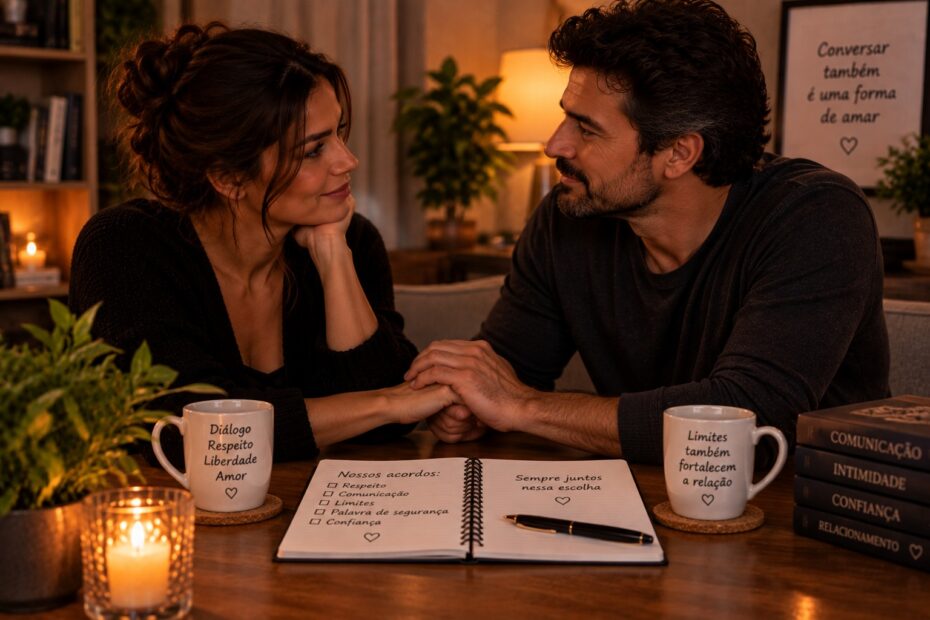 Casal conversando à mesa com caderno aberto e caneta