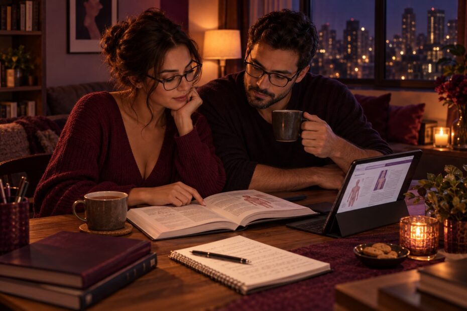 Casal adulto lendo material de saúde confiável em ambiente aconchegante