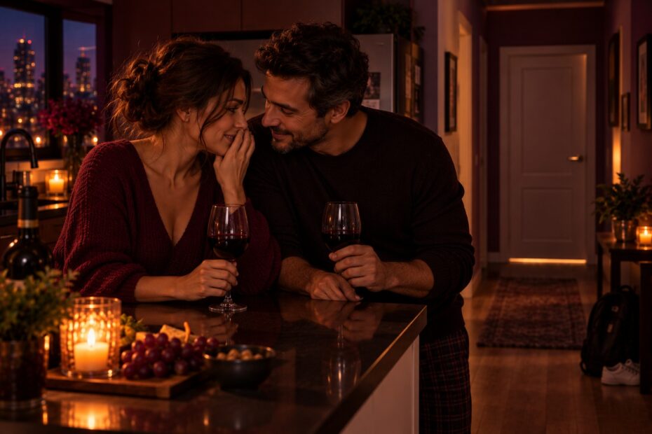 Casal conversando baixinho na cozinha à noite