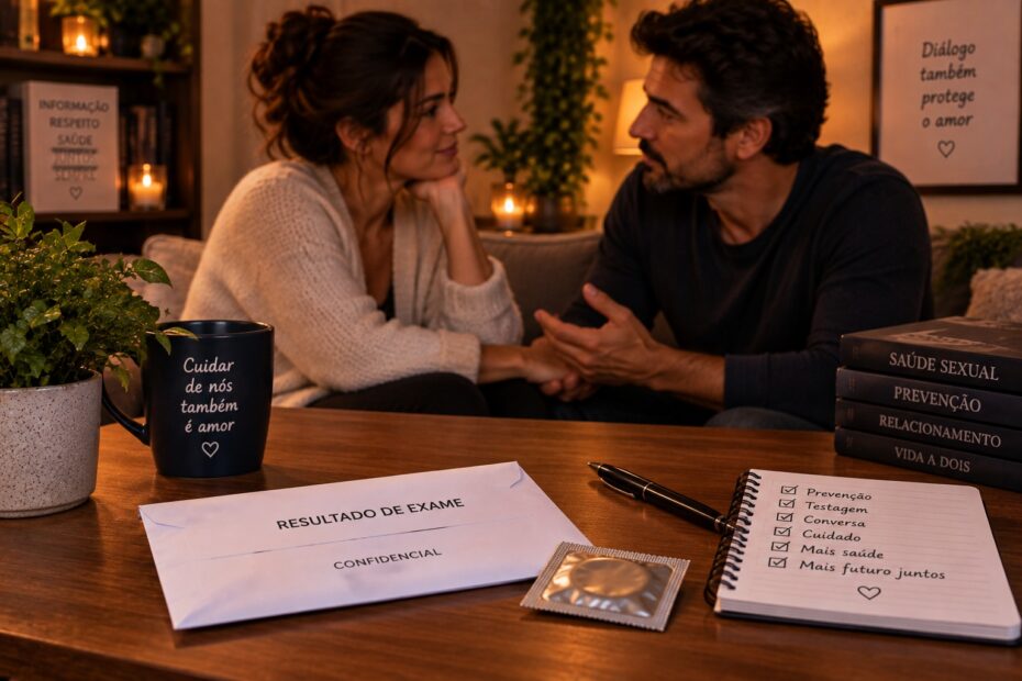 Mesa com envelope de exame e preservativo lacrado, casal conversando ao fundo