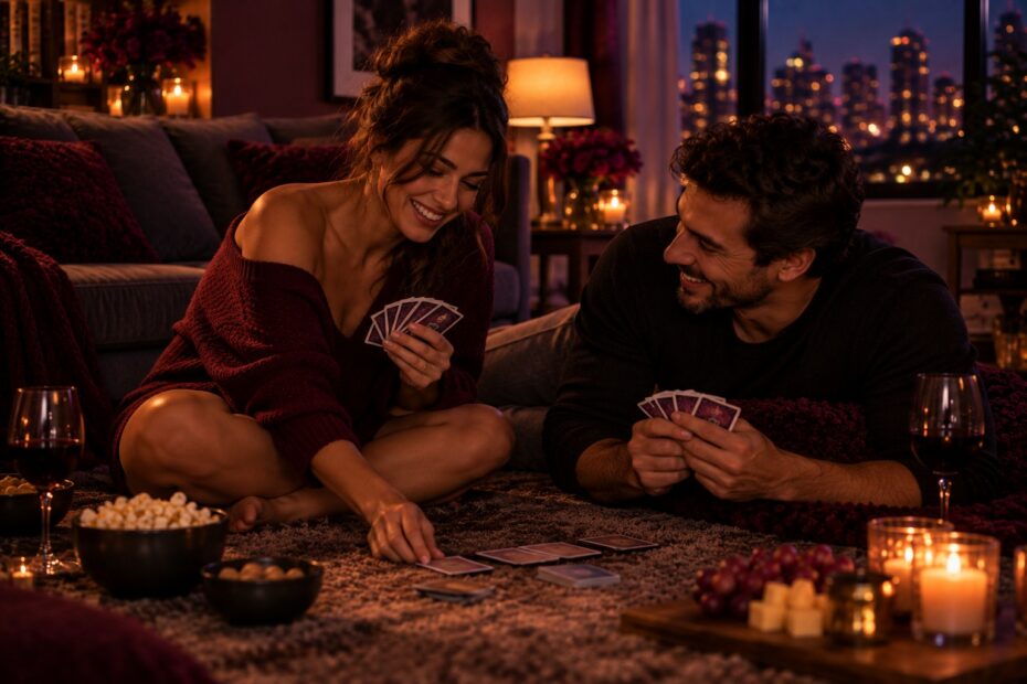 Casal adulto rindo enquanto joga cartas na sala