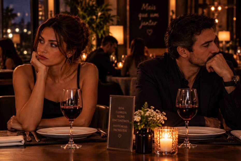 Casal em jantar com clima constrangido em restaurante