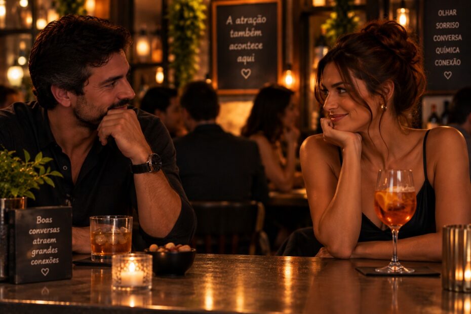 Dois adultos com olhares que se cruzam em um bar