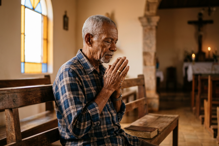 Homem idoso de mãos postas rezando o Pai Nosso num banco de igreja