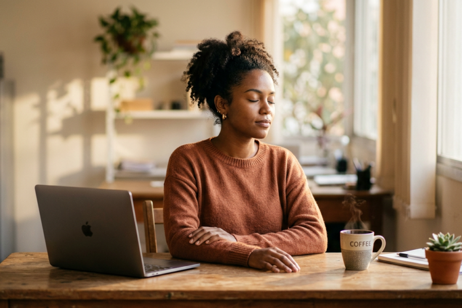 Mulher em pausa de oração na mesa de trabalho, com notebook fechado ao lado