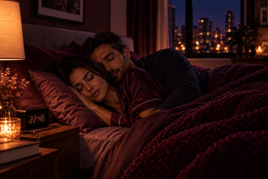 Casal adulto dormindo tranquilamente em quarto com luz baixa