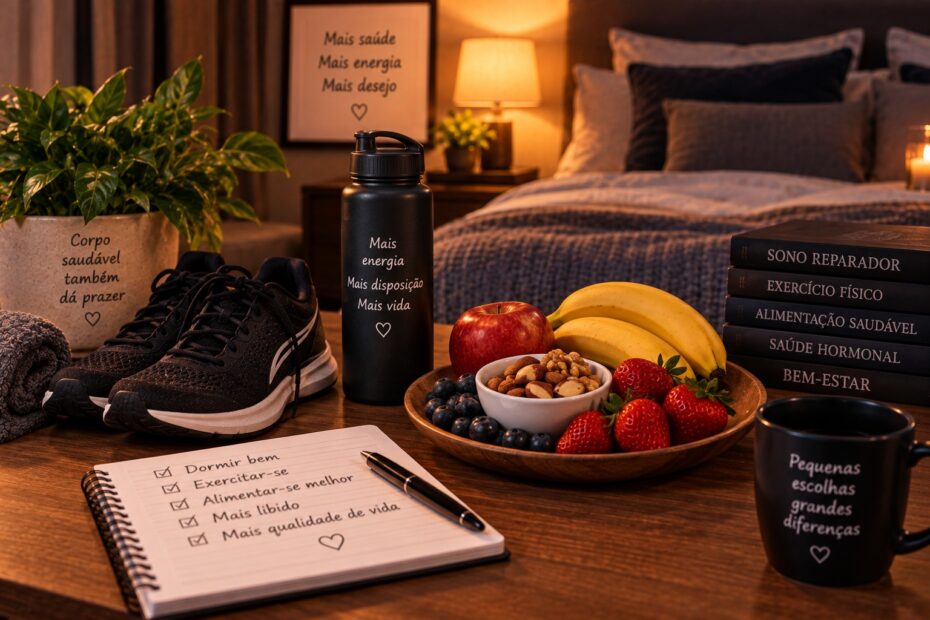 Tênis de corrida, água e frutas sobre a mesa com cama ao fundo
