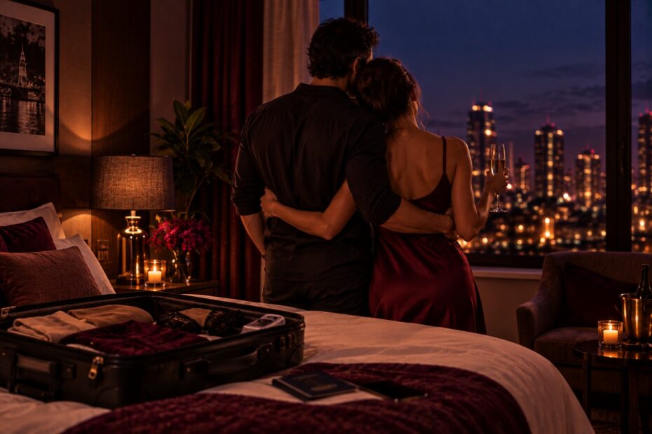 Casal em quarto de hotel olhando a vista da cidade